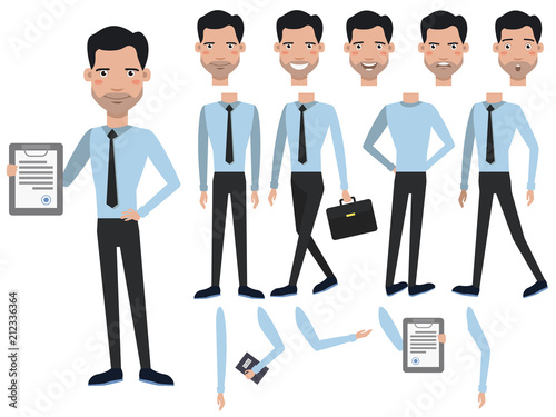 Man with contract character set with different poses, emotions, gestures. Animation constructor, front, back and side view. Can be used for topics like contractor, closer, agreement, manager