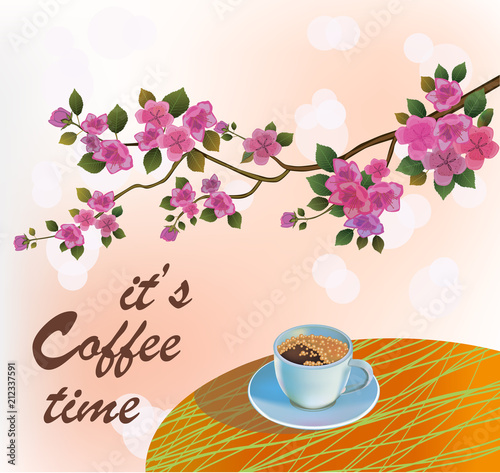 Banner spring leaves blooming cherry blossom. Coffee on the table in the spring. Time to drink coffee.