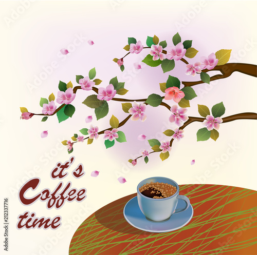 Banner spring leaves blooming cherry blossom. Coffee on the table in the spring. Time to drink coffee.