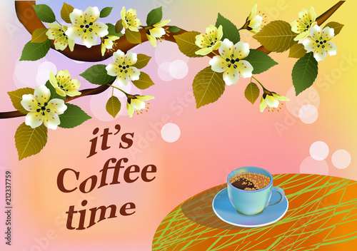 Banner spring leaves blooming cherry blossom. Coffee on the table in the spring. Time to drink coffee.