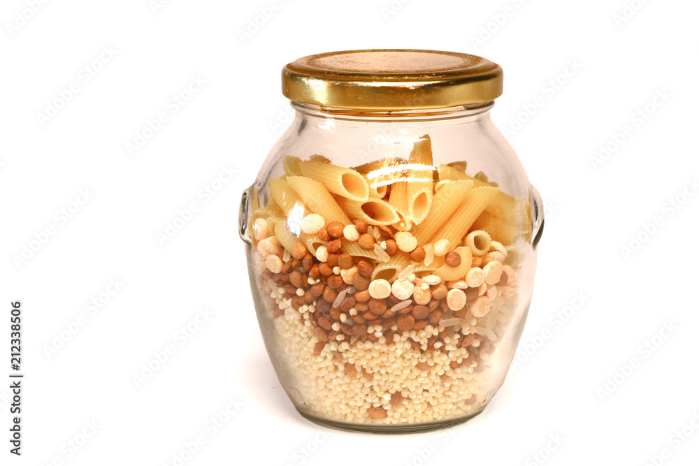 beautiful glass jar with cereal, cereals, pasta on white background beautiful glass jar with cereal, cereals, pasta on white background
