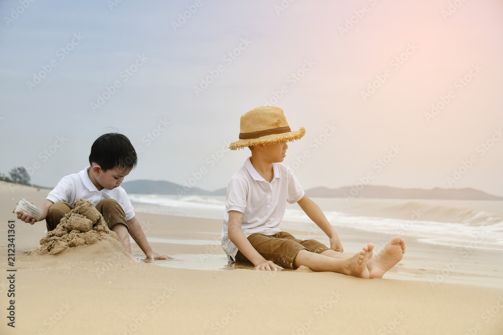 happy family with two kids on the beach,