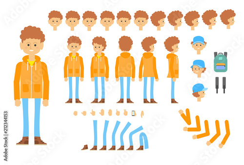 Animated character of teenager in modern outfit. Creative set with different poses, gestures, emotions. Parts of body, backpack, belt. Can be used for topics like student life, individuality, school