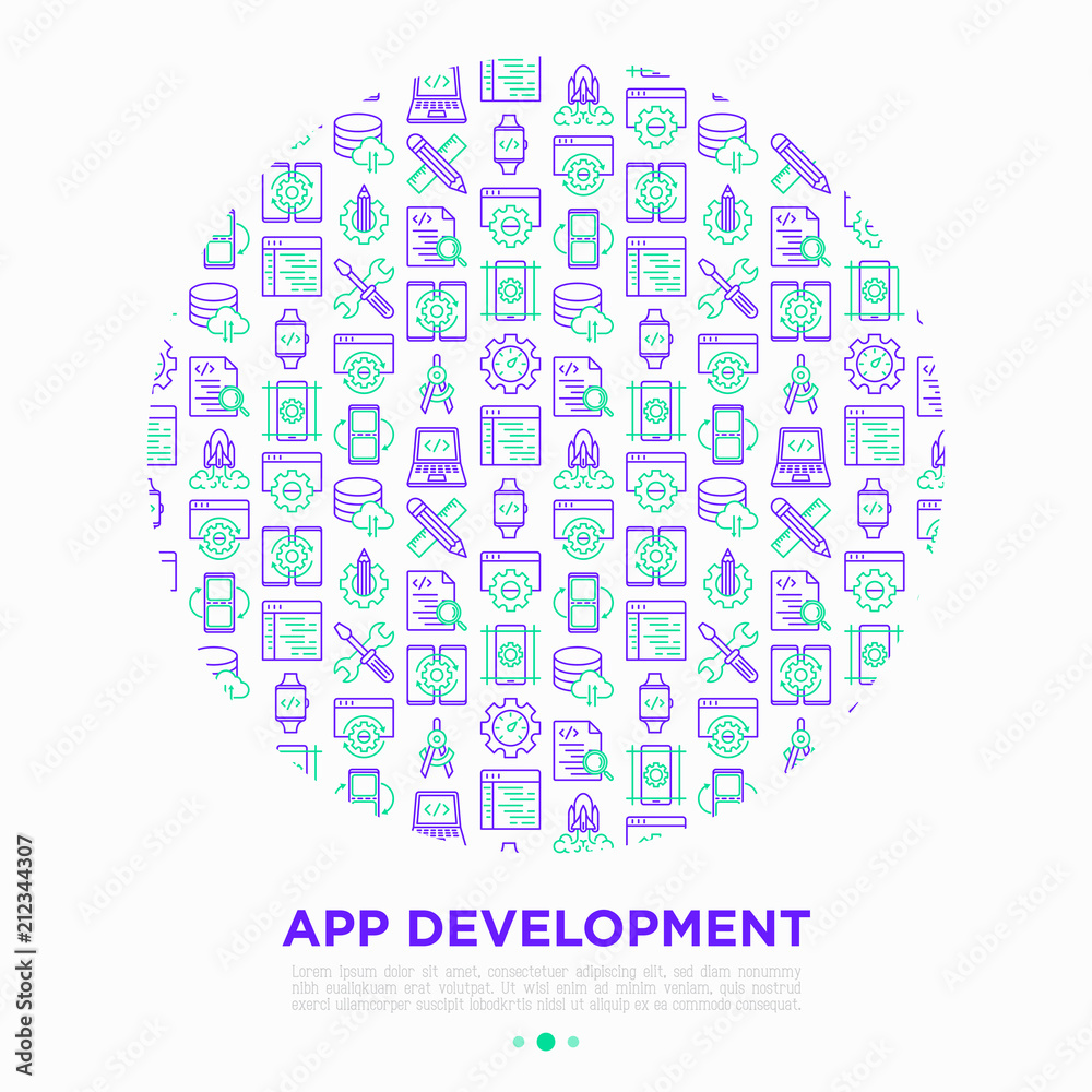 App development concept in circle thin line icons: writing code, multitasking, smart watch app, engineering, updates, cloud database, testing, speed optimization. Modern vector illustration.