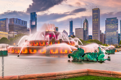 Chicago, Illinois, USA Fountain and Skyline photo