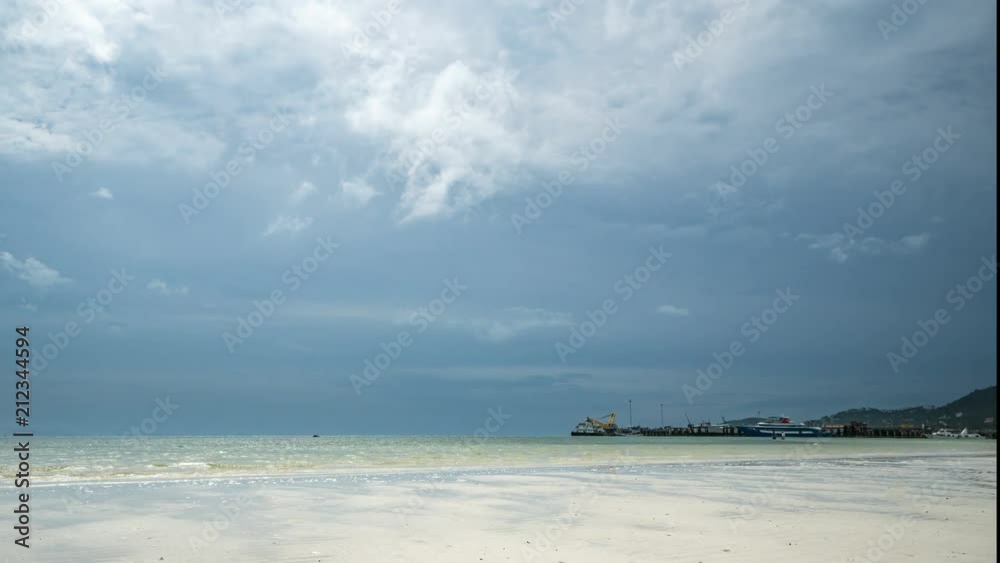 Timelapse of Seascape with Sandy Beach and Pier in Stormy Weather