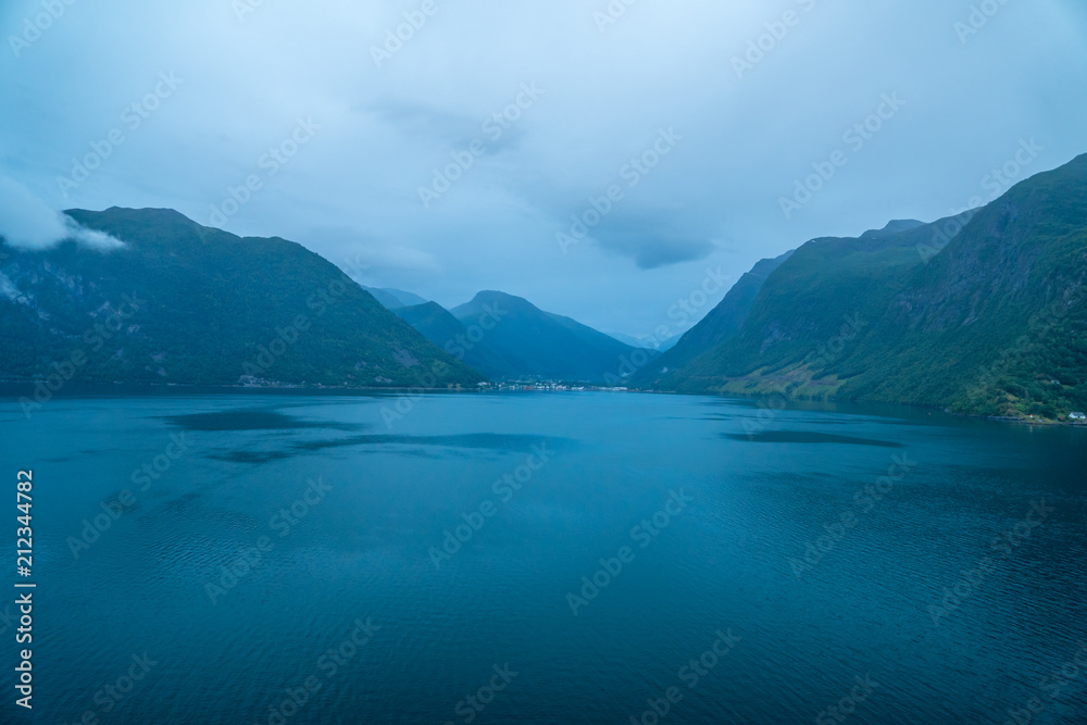 geiranger fjord norway seen from a cruise ship early in the morning