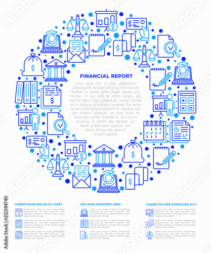 Financial report concept in circle with thin line icons: bank, financial analytics, calculate, signature, email, presentation, bank check, audit. Modern vector illustration, print media template.