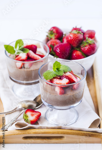 Chocolate Panna Cotta with strawberries