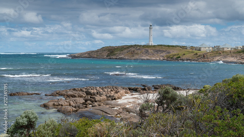 Lighthouse on Cape Leeuwin with panoranic view over the coastline at the most southwestern point of Australia