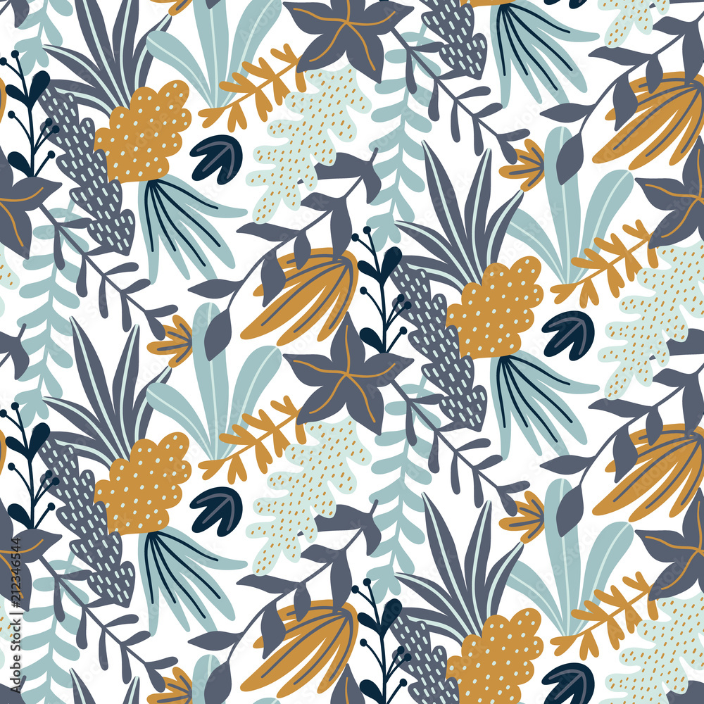 Modern seamless pattern with leaves and floral elements. Autumn pattern design. Good for printing. Vector wallpaper.