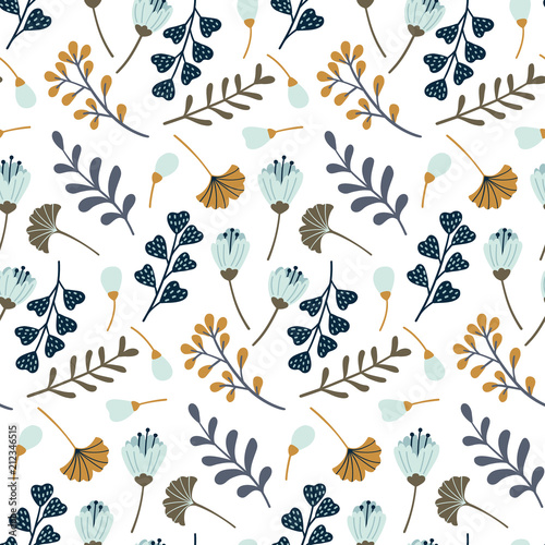 Modern seamless pattern with leaves, flowers and floral elements. Autumn pattern design. Good for printing. Vector wallpaper. © Viktoriia