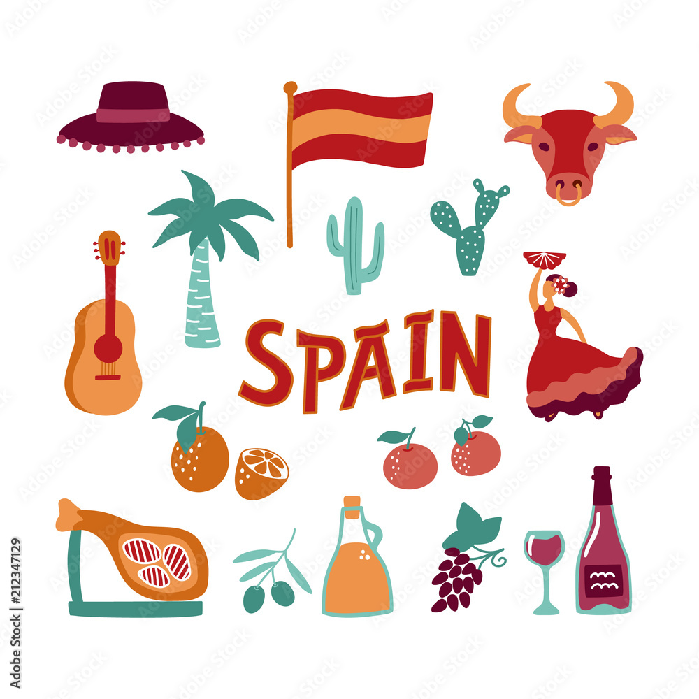 Collection Hand drawn symbols of Spain. Culture, food and natural signs ...