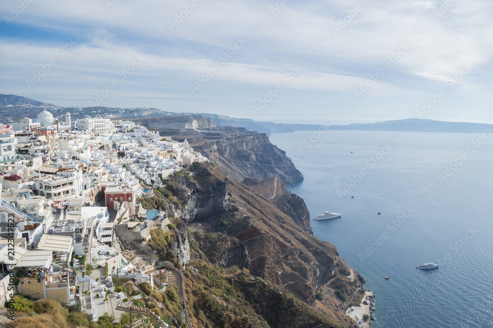 Whitewashed Houses on Cliffs with Sea View in Fira, Santorini, Cyclades, Greece