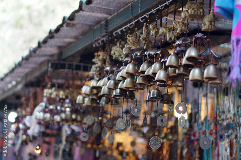Many small brass bells in the temple.