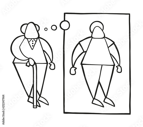 Vector cartoon old man standing with wooden walking stick and dreaming or thinking his youth with thought bubble