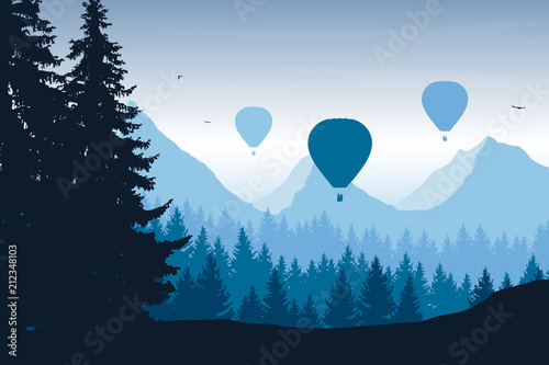 Vector illustration of mountain landscape with forest, flying hot air balloons and birds in blue sky