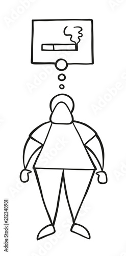 Vector cartoon man standing and thinking smoking cigarette with thought bubble