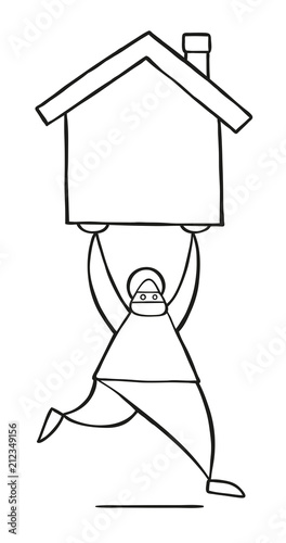 Vector cartoon thief man with face masked running and carrying house