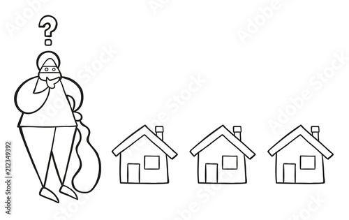Vector cartoon thief man with face masked with sack and thinking which house to choose for theft
