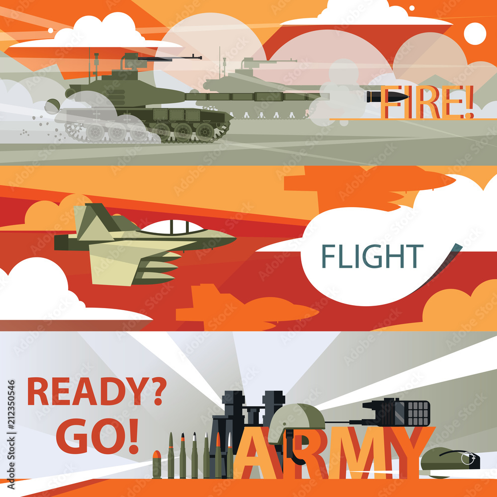 Vector banners templates wit army goods, armour, tanks and airplanes