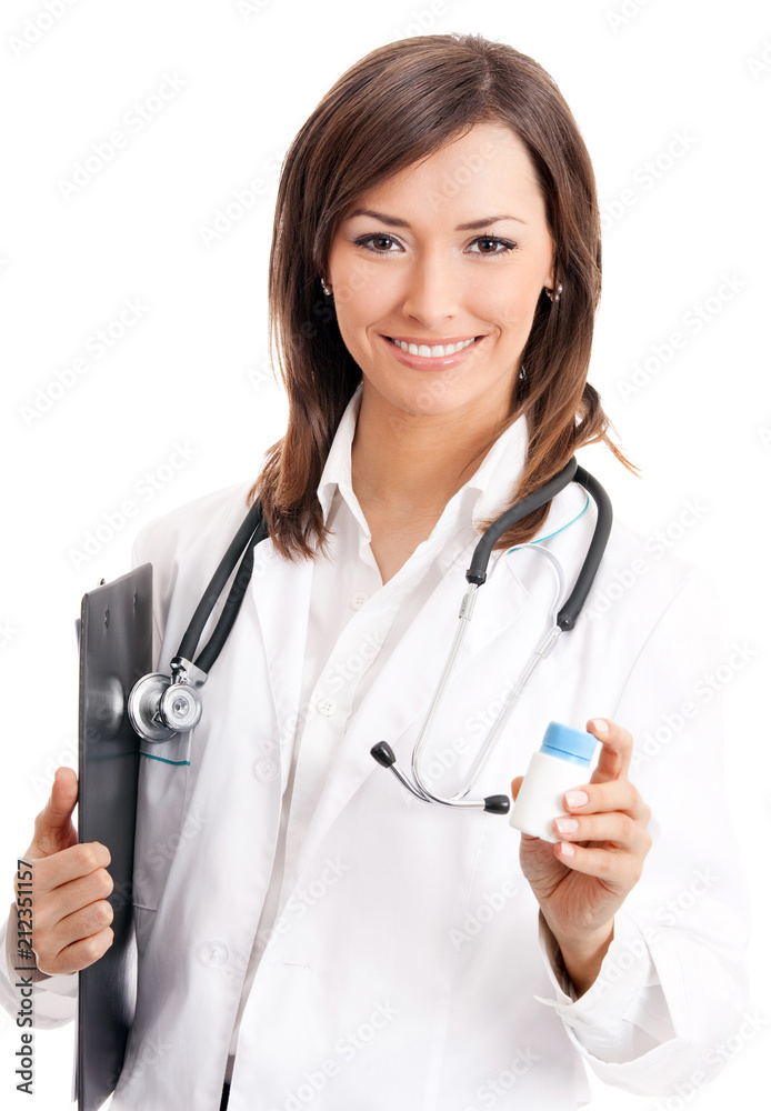 Cheerful doctor showing medical drug, over white Cheerful doctor showing medical drug, over white