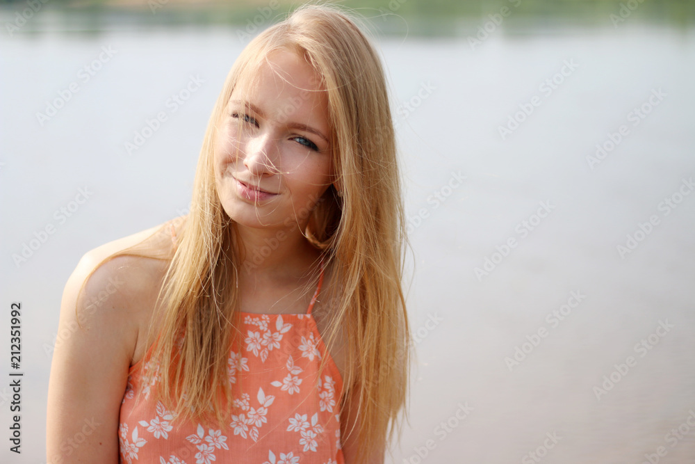 portrait beauty girl on beach. smilling young woman portrait beauty girl on beach. smilling young woman