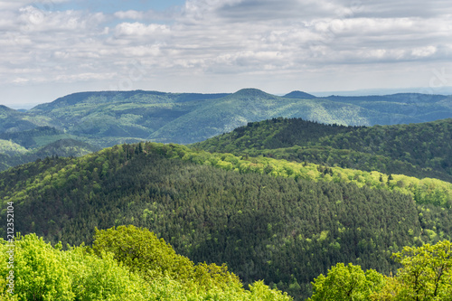 Mountain forest landscape under the blue sky with clouds in countryside 