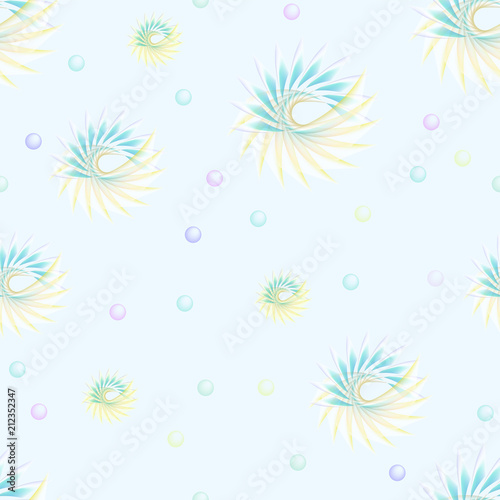 Seamless pattern of stylized flowers and small balls. Light multicolored background. Pastel colors. Vector EPS10 illustration
