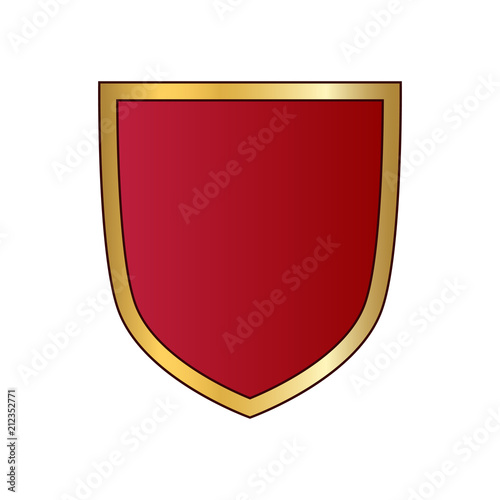 Free Download Gold and red shield shape icon. Logo emblem metallic sign isolated on white background. Shape shield symbol of security, protection or armor, safe. Shiny element design. Vector illustration - GFXLoad