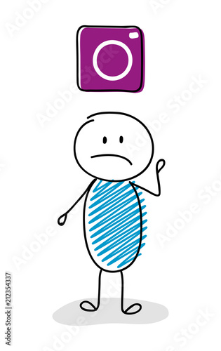 Sad stickman with camera (social media) icon. Vector.