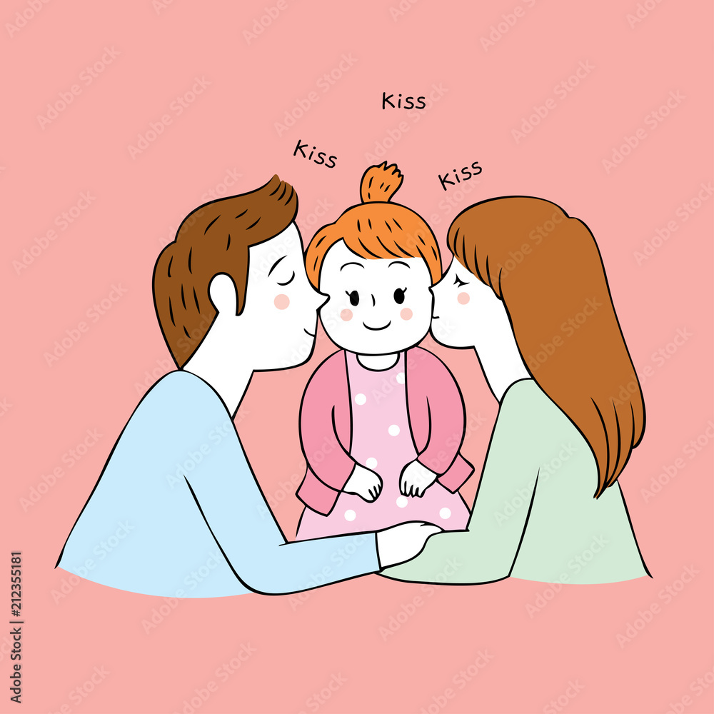 Cartoon cute parents kiss baby vector. Stock Vector | Adobe Stock