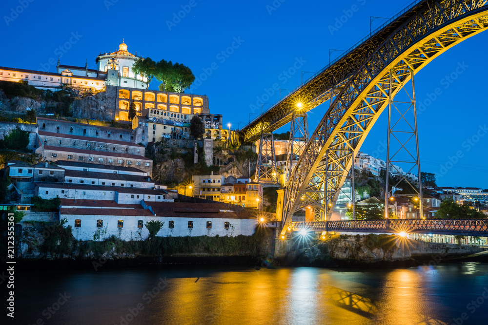 Evening view of Dom Luis Bridge in Porto, Portugal.