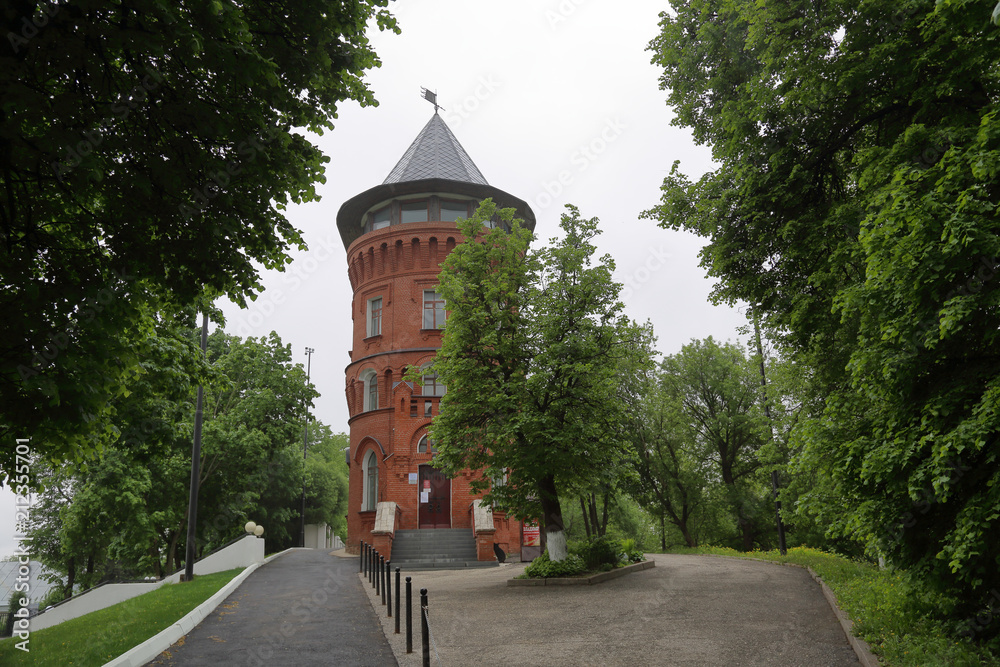 VLADIMIR, RUSSIA - MAY 19, 2018: Water tower. A monument of engineering, technical and industrial architecture. Built in 1912. Architect Sergey Zharov
