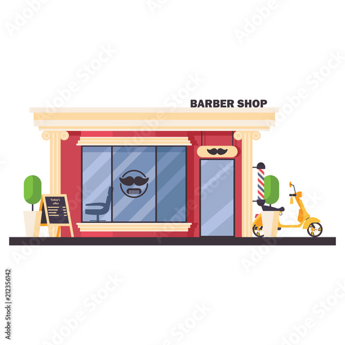 Store front of barber shop in flat style