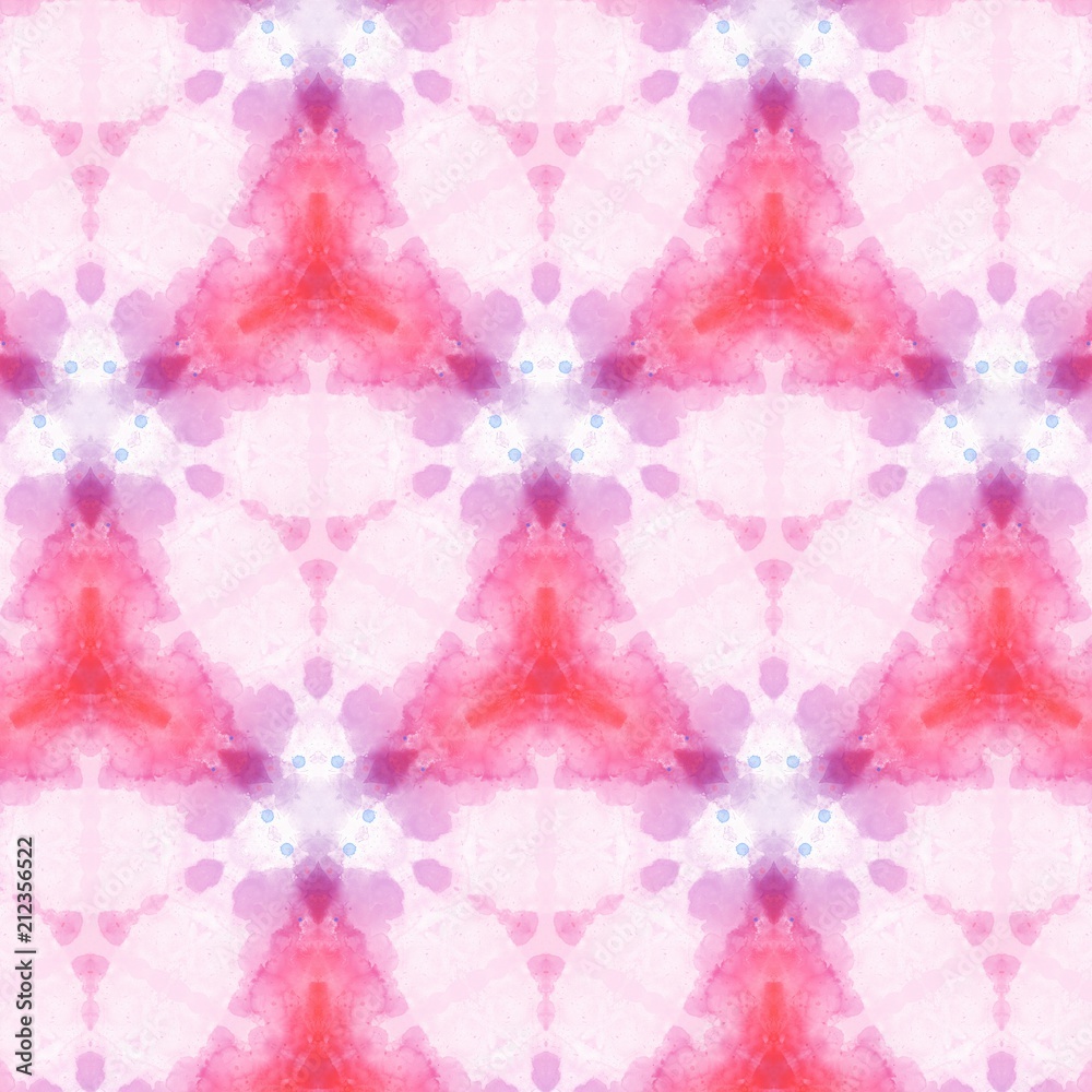 Symmetric kaleidoscopic creative fashion decor. Abstract pink and purple color watercolor painting background. Artistic acrylic texture. Art pattern for graphic design and print production. 