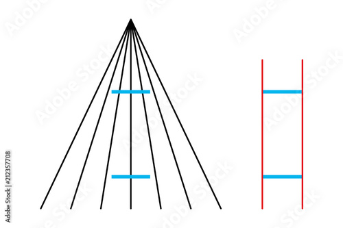 Ponzo geometrical optical illusion. Both blue horizontal lines are the same length. The human mind judges the size of an object based on its background. Isolated illustration. White background. Vector