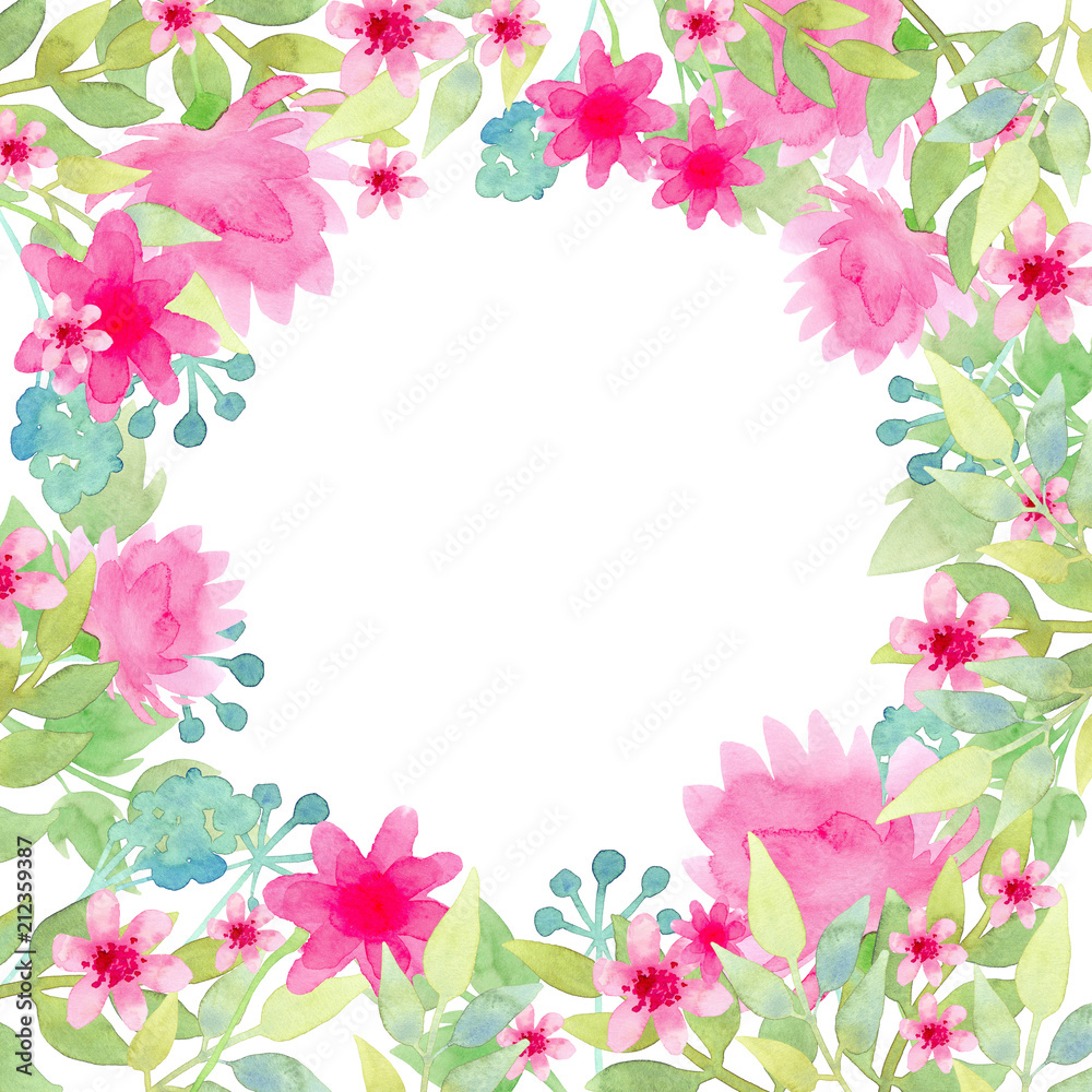 Frame with beautiful flowers on a white background. Watercolor illustration