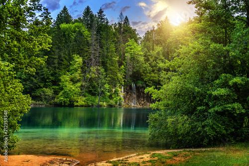 Plitvice Lakes in the evening.