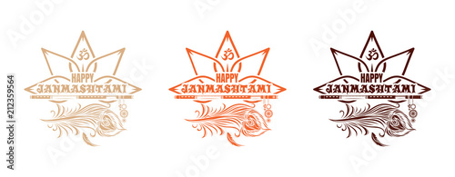 Set of multi colored logo icons for Krishna birthday. Happy Krishna Janmasthami. Vector illustration with peacock feather, flute and lettering