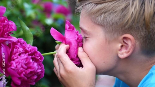 A little cute baby gently enjoys the smell of flowers. The child picks up a flower and inhales its fragrance. Blossoming buds of peonies