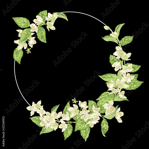 Decor element with jasmine in a shape of a ring with decoration of branches with flowers and leaves