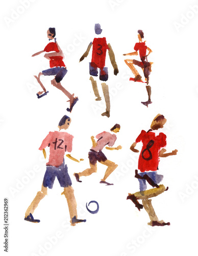 Soccer player kicks the ball with paint splatter design. footballer. isolated on white background. watercolor illustration. Shooting soccer player