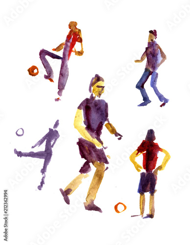 Soccer players with the ball, football players in the form of different colors painted in watercolor on a white background for football design.