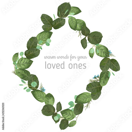 Vector element of diamond frame of rose leaves, eucalyptus branches and wax flowers isolated on white background. Watercolor cute