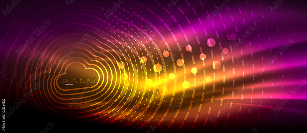 Neon glowing wave, magic energy and light motion background. Wallpaper template, hi-tech future concept Neon glowing wave, magic energy and light motion background. Wallpaper template, hi-tech future concept
