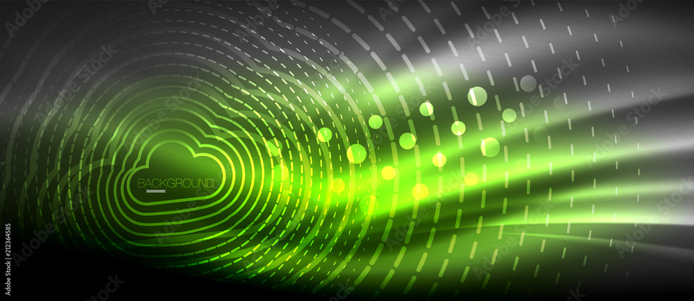 Obraz premium Neon glowing wave, magic energy and light motion background. Wallpaper template, hi-tech future concept