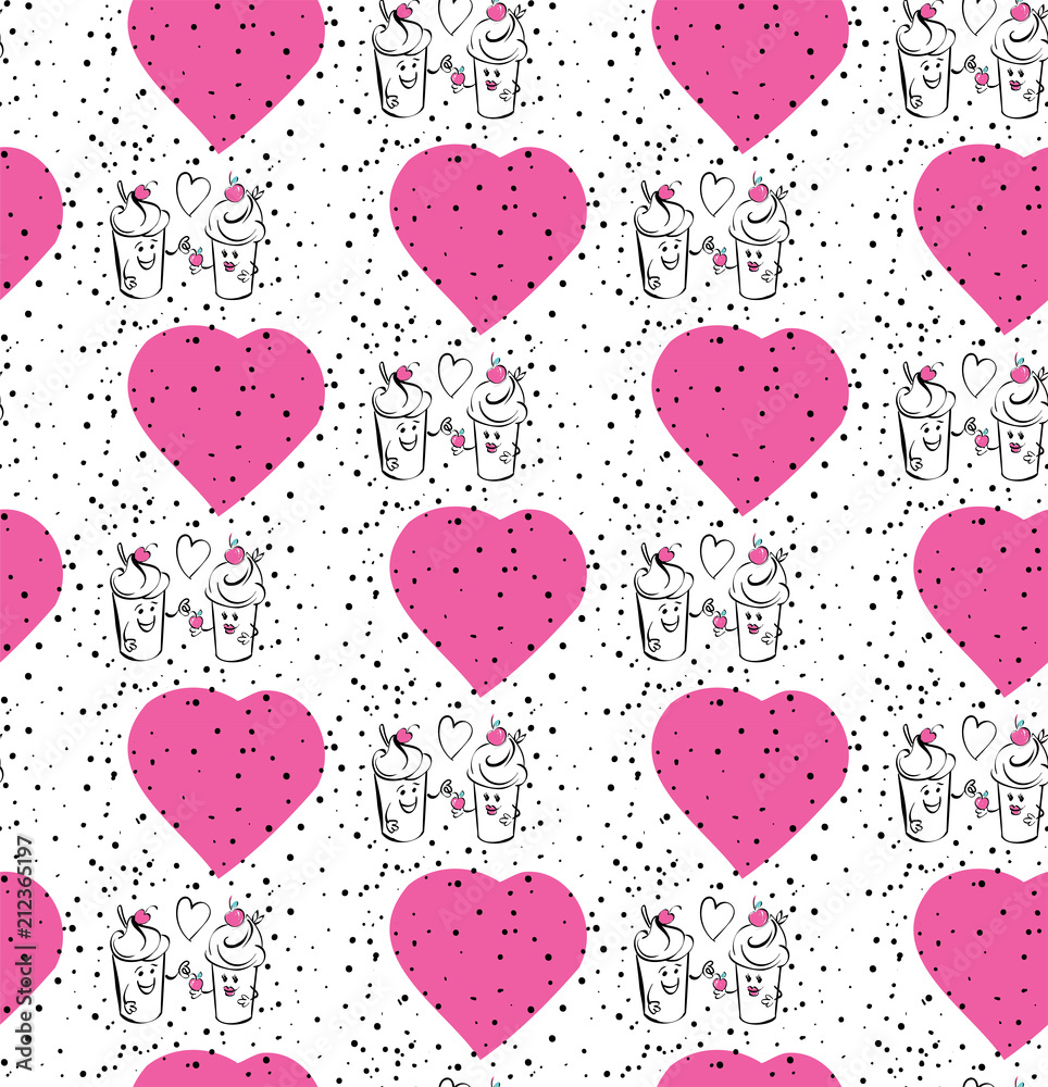 Girl and boy ice cream character and cherry, pink heart. The boy gives the cherry to the girl. Seamless black white pink pattern