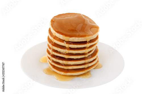 Stack of Pancakes with maple syrup on a plate isolated white background. Breakfast. Brunch. Dessert. Snacks. Family Food. Sweets. Fat Tuesday.