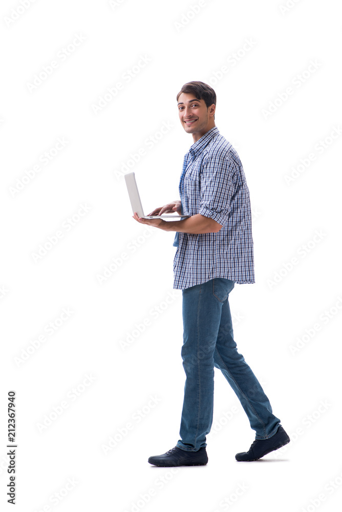 Young student with laptop isolated on white